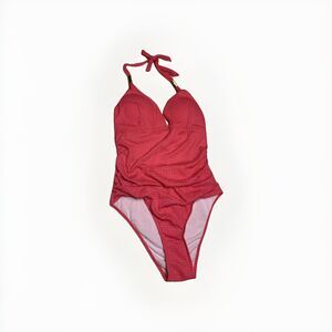 XL Coral Pink One Piece Swimsuit Tummy Control V Neck Bathing Suit Ruched Halter